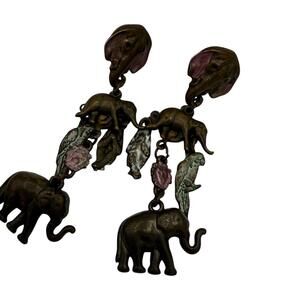 Elephant Themed Pierced Earrings Birds Dangle Drop Design 2 3/4" Long